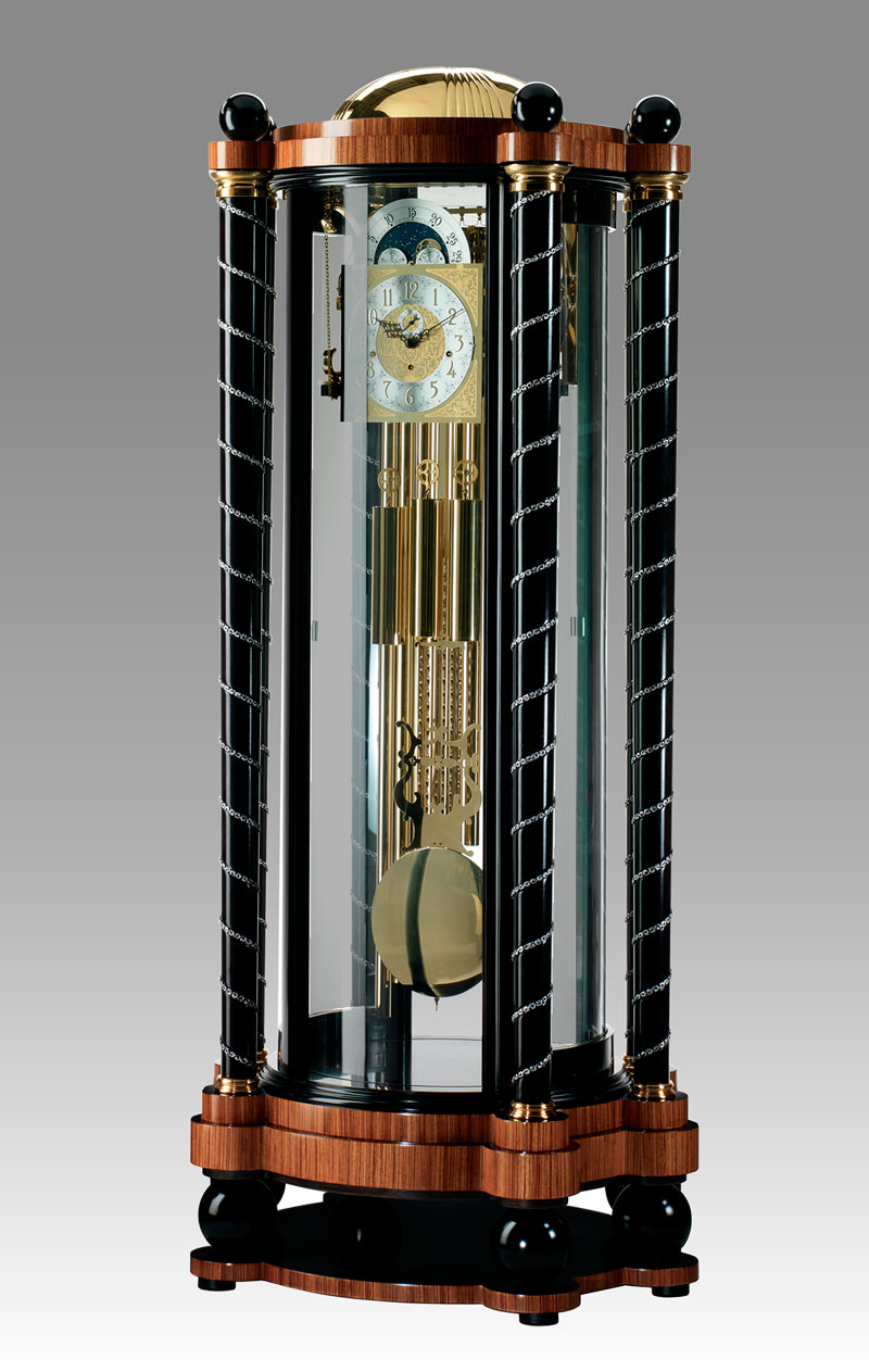 Curio Grandfather clock Art.560/1C Double face clock in Ebony and Zebrano, with crown with 174 Zironia Stone